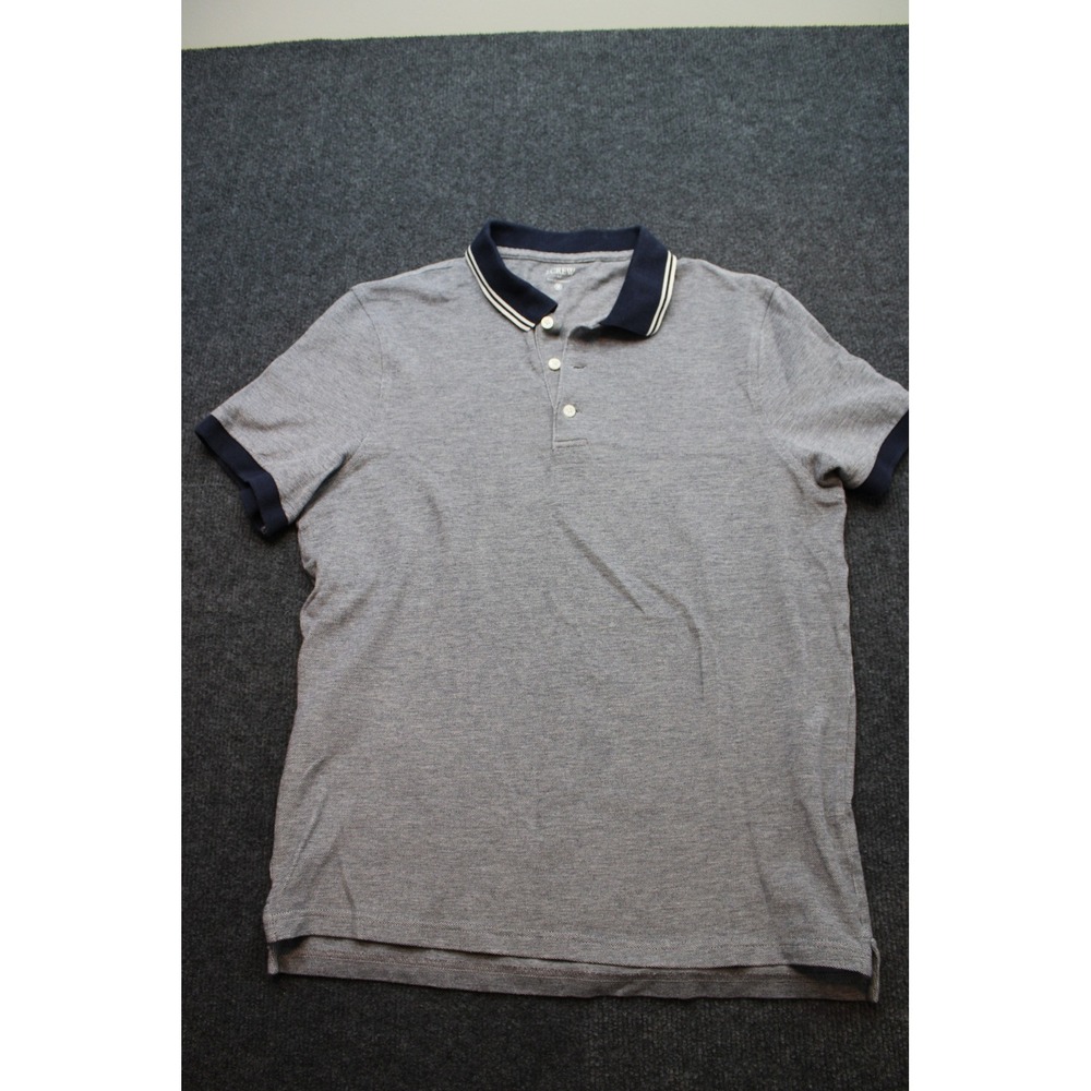 J.Crew Mens Medium Gray Navy Blue Tipped Short Sleeve Polo Shirt Classic Fit